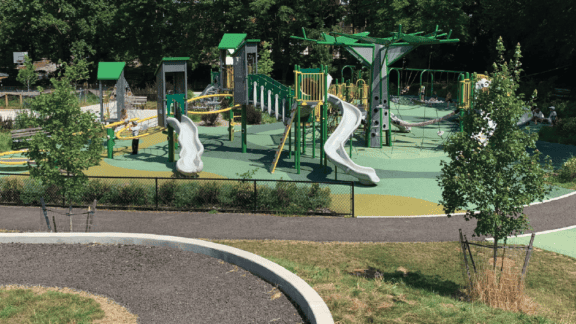 Urban green infrastructure playground and park path in Pittsburgh