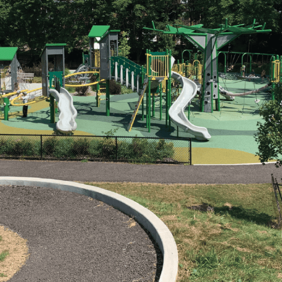 Urban green infrastructure playground and park path in Pittsburgh