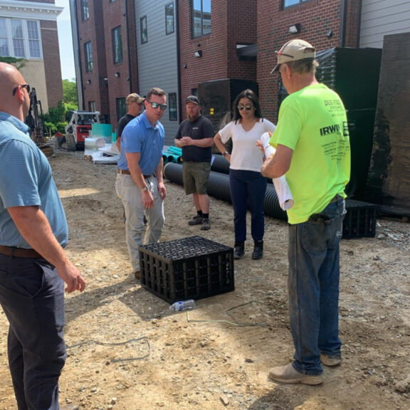 Civil engineers working with Ferguson Waterworks specialists on the initial design for the underground stormwater detention system.