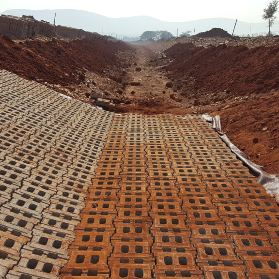 Articulated concrete blocks lining sloped ground.